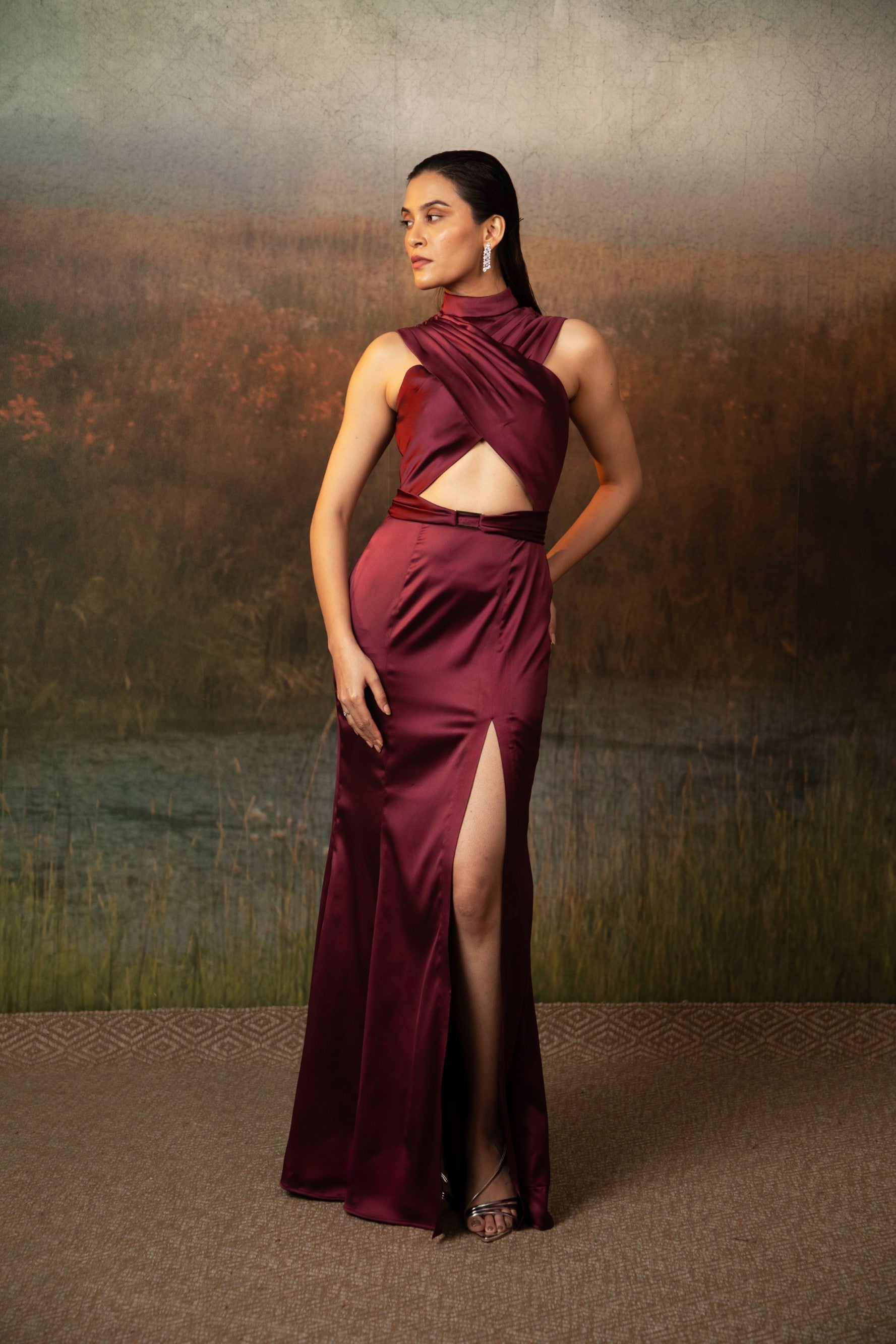 Bhavya Monga in Dione Gown in Deep Rosewood