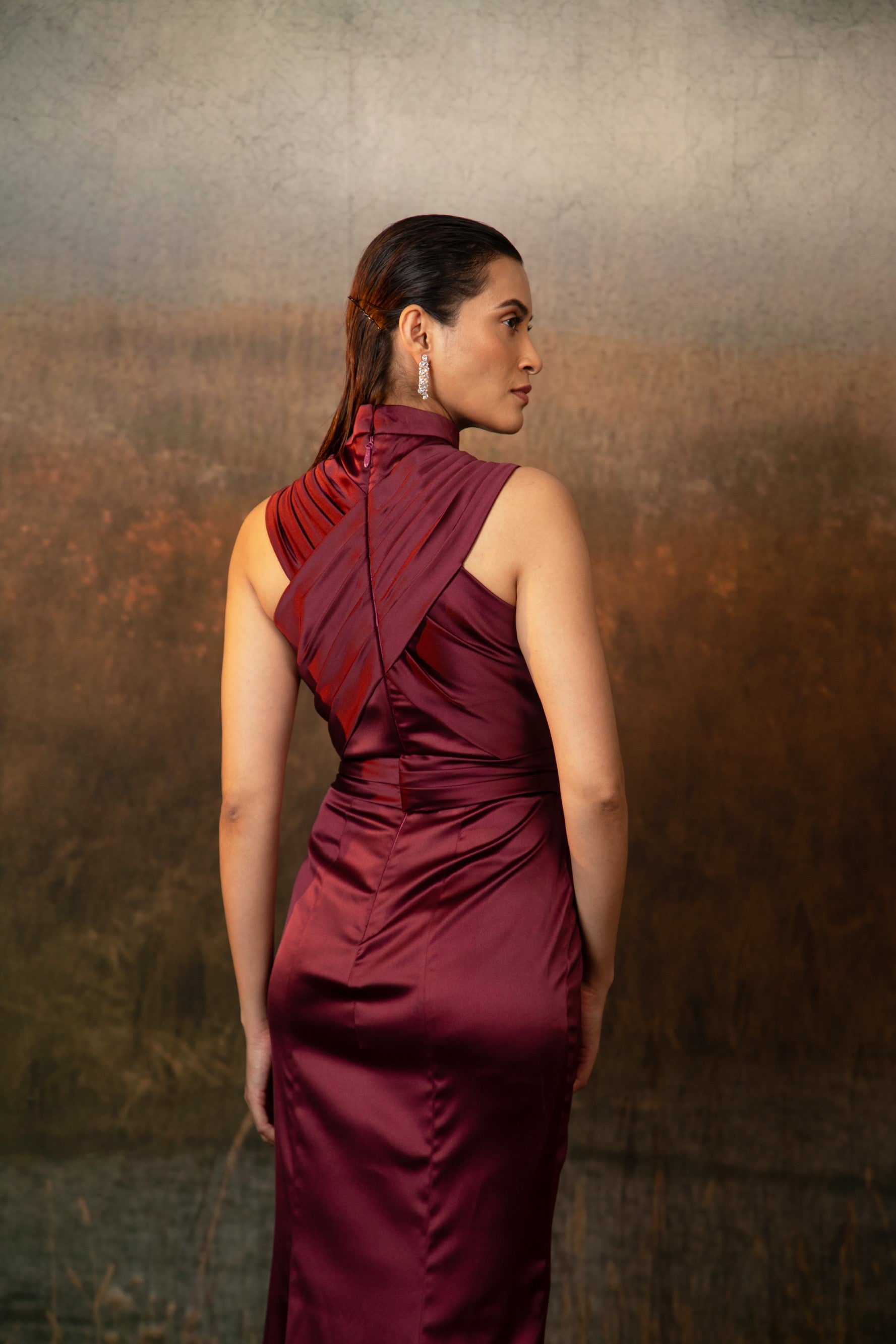 Bhavya Monga in Dione Gown in Deep Rosewood