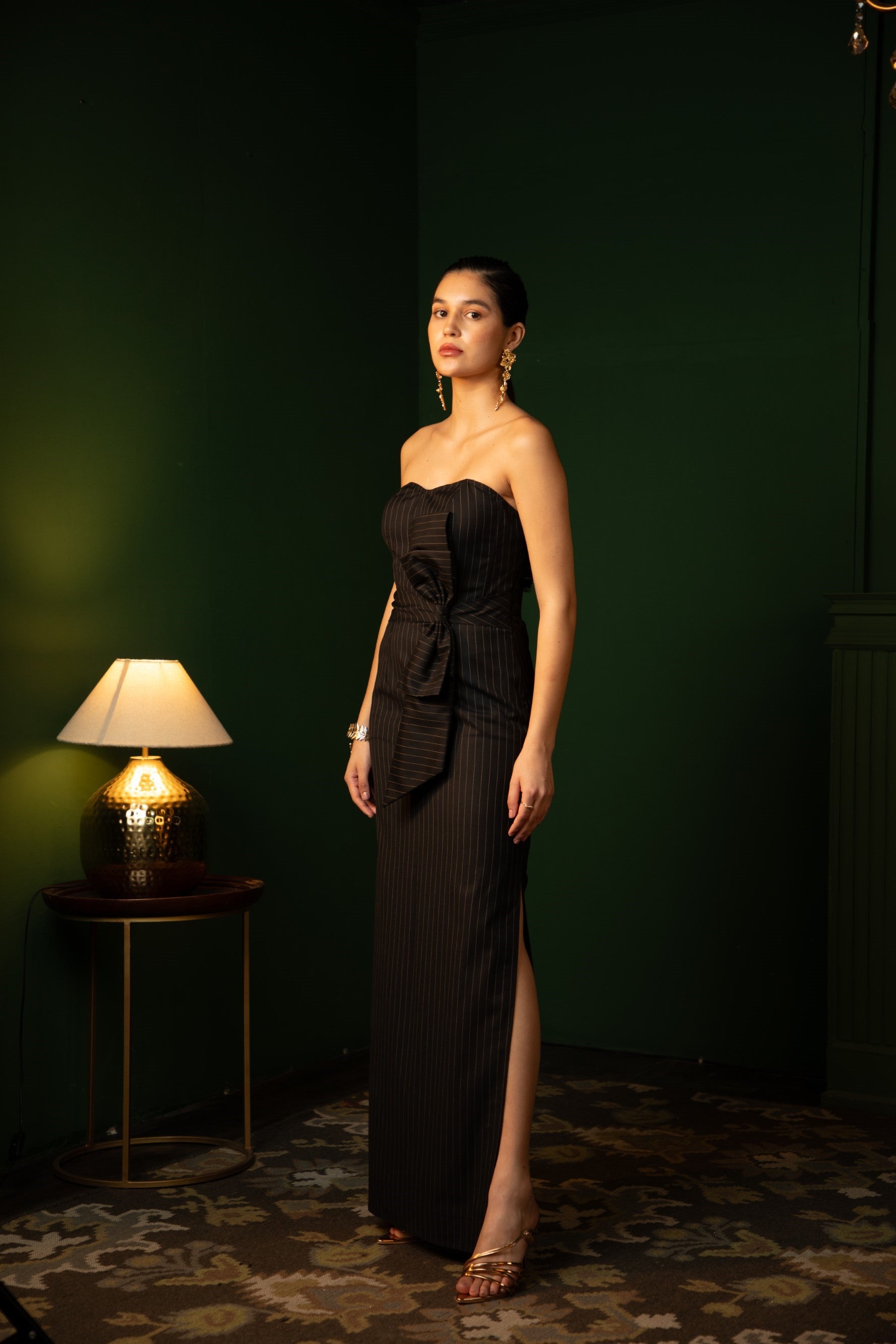 Strapless Sweetheart Dress in Midnight Noir with pinstripes