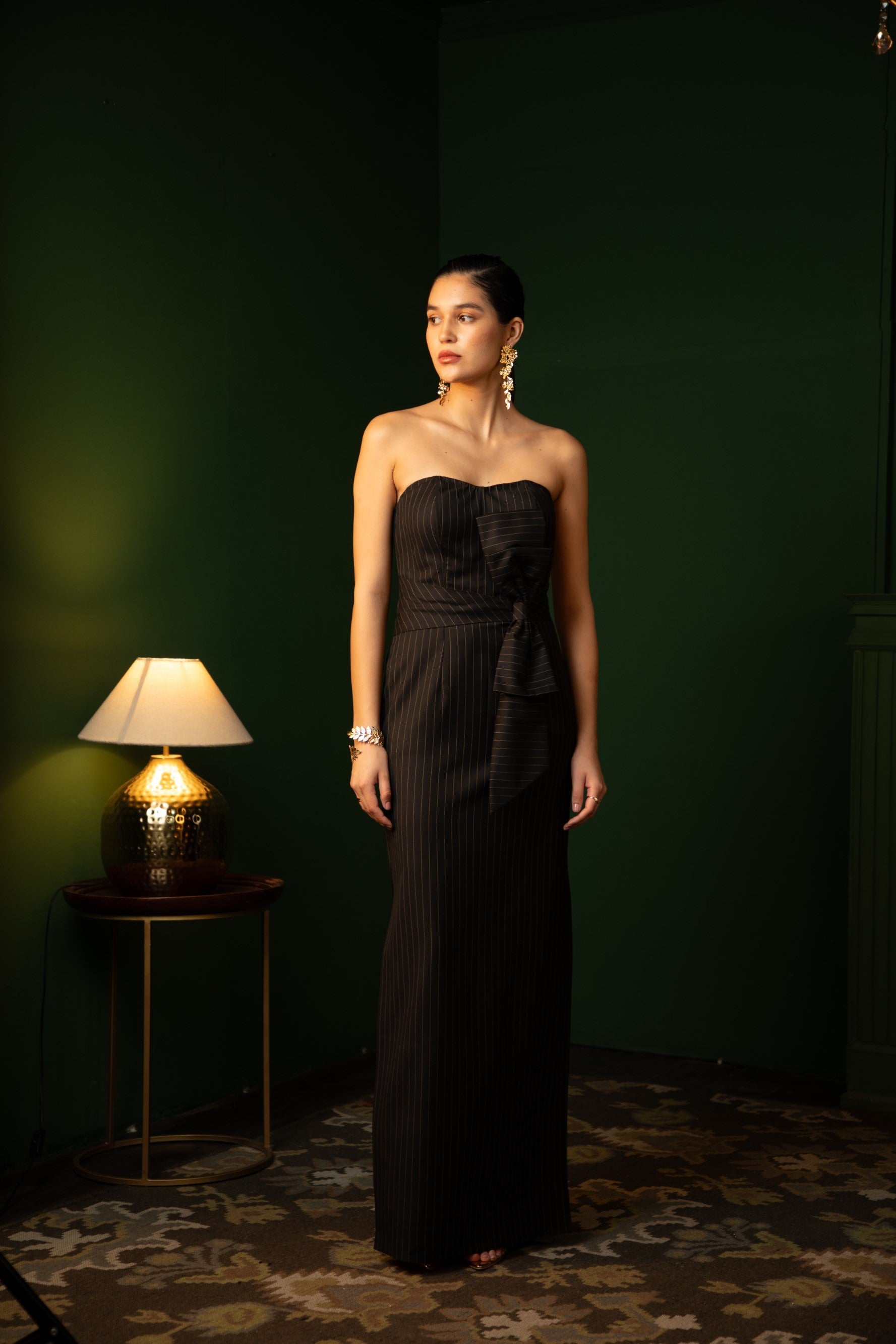 Strapless Sweetheart Dress in Midnight Noir with pinstripes