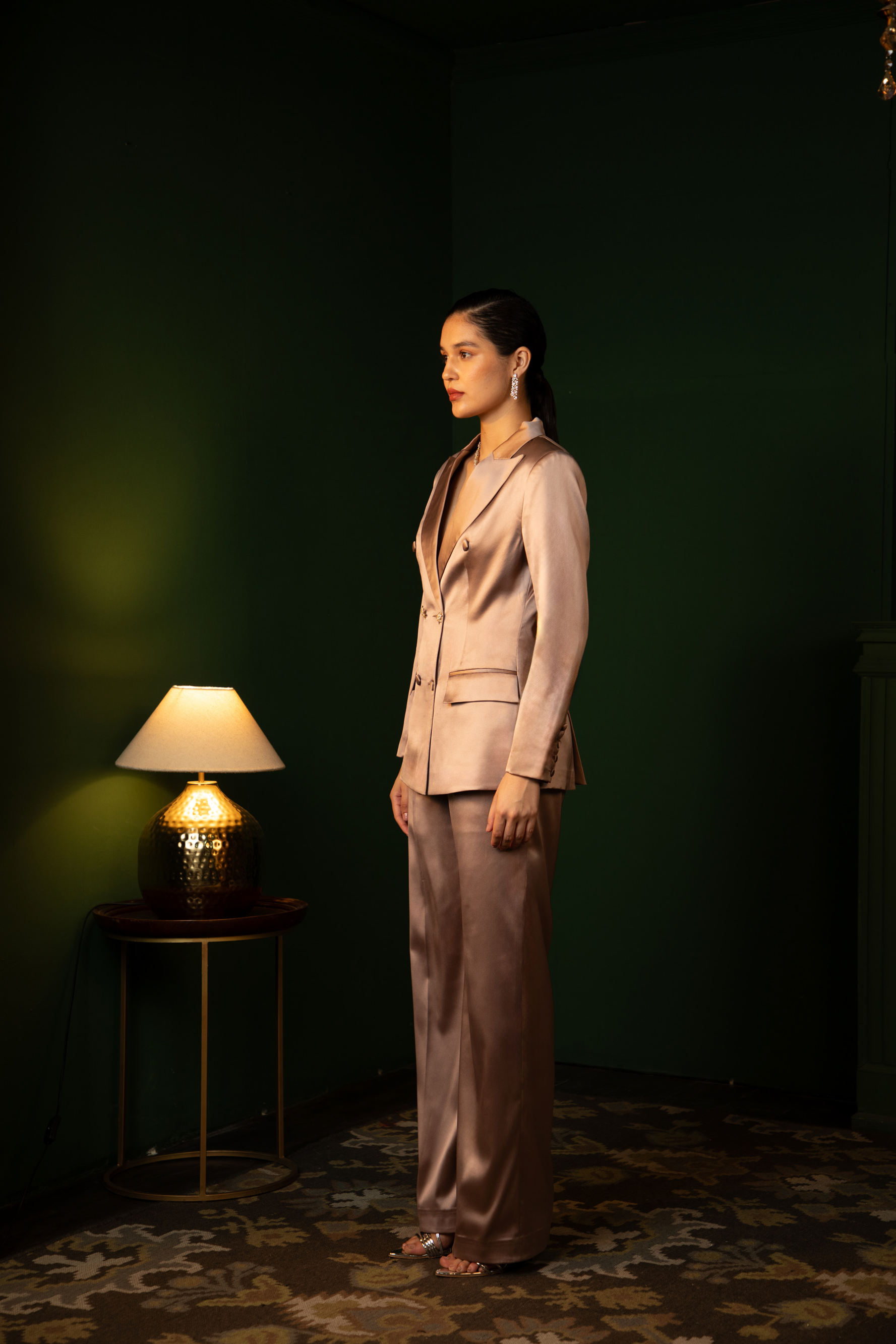 Double Breasted Liquid Sculpted Suit Ensemble in Dusty Rose