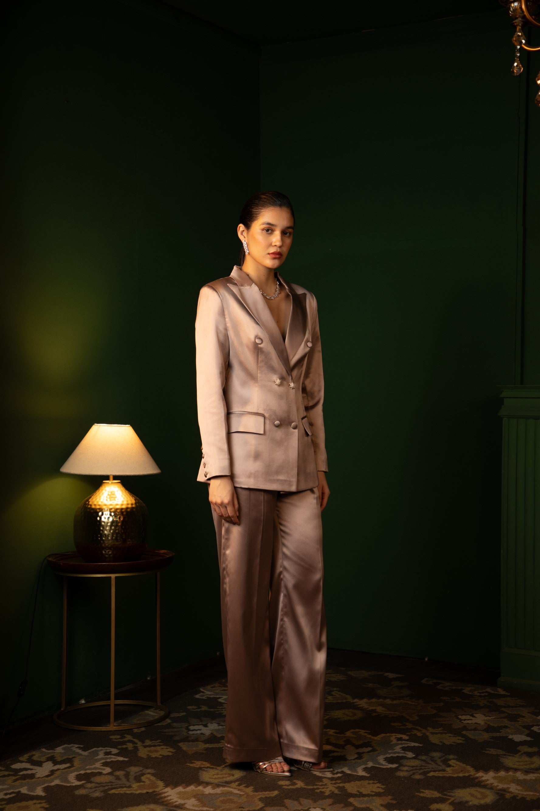 Nandini Gupta in Double Breasted Liquid Sculpted Suit Ensemble in Dusty Rose