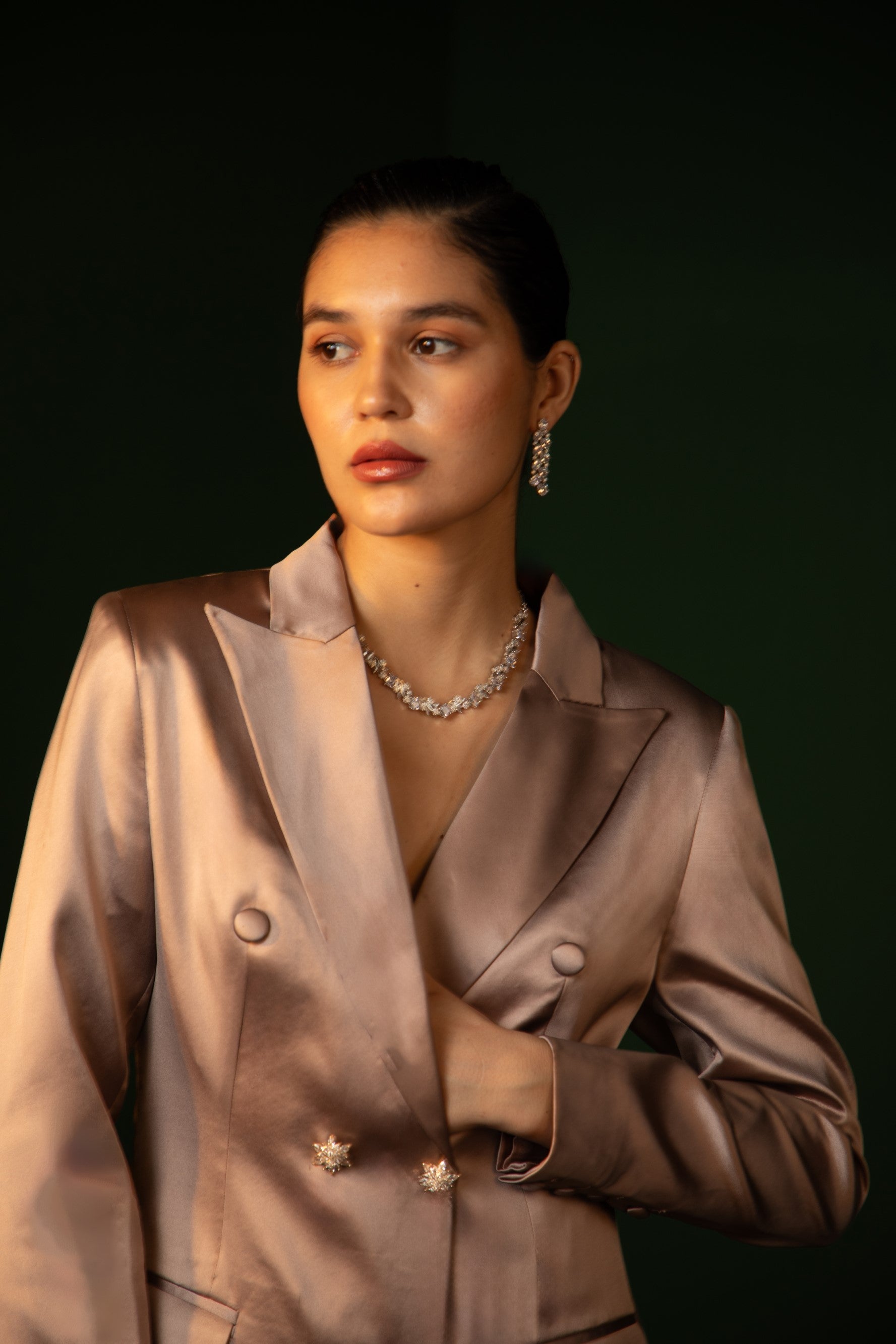 Nandini Gupta in Double Breasted Liquid Sculpted Suit Ensemble in Dusty Rose