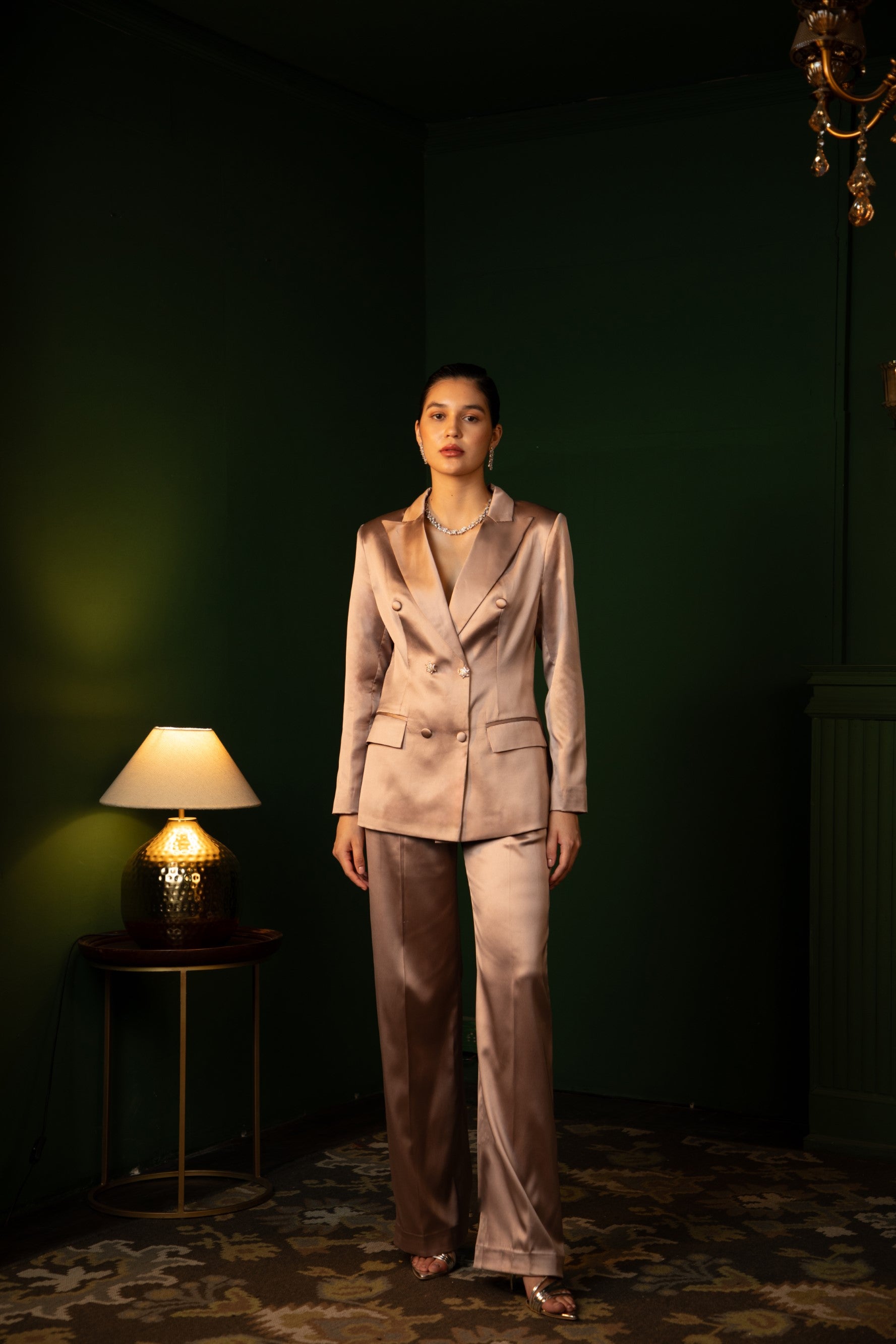 Double Breasted Liquid Sculpted Suit Ensemble in Dusty Rose