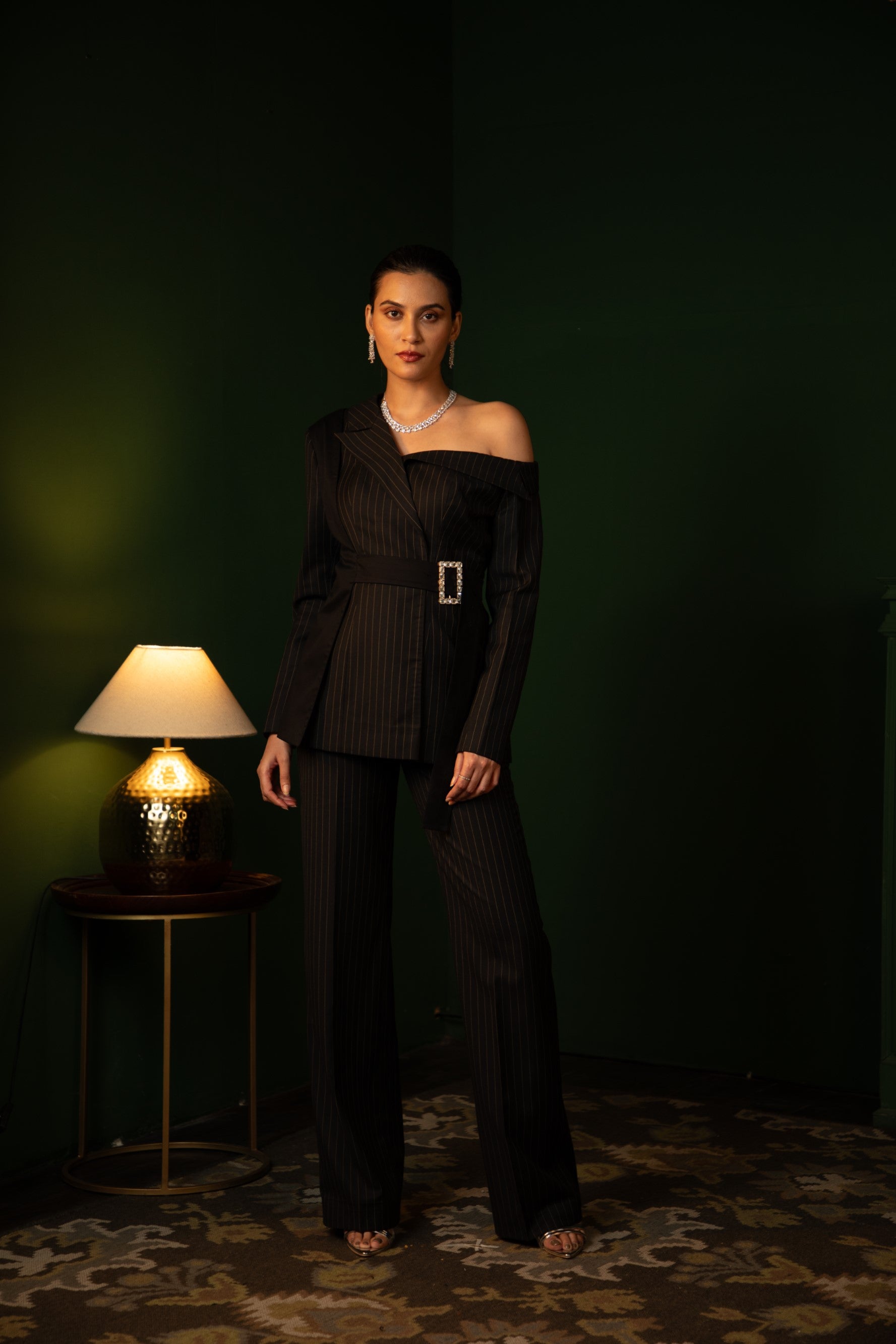 Double Breasted Off Shoulder Suit Ensemble in Midnight Noir with pinstripes