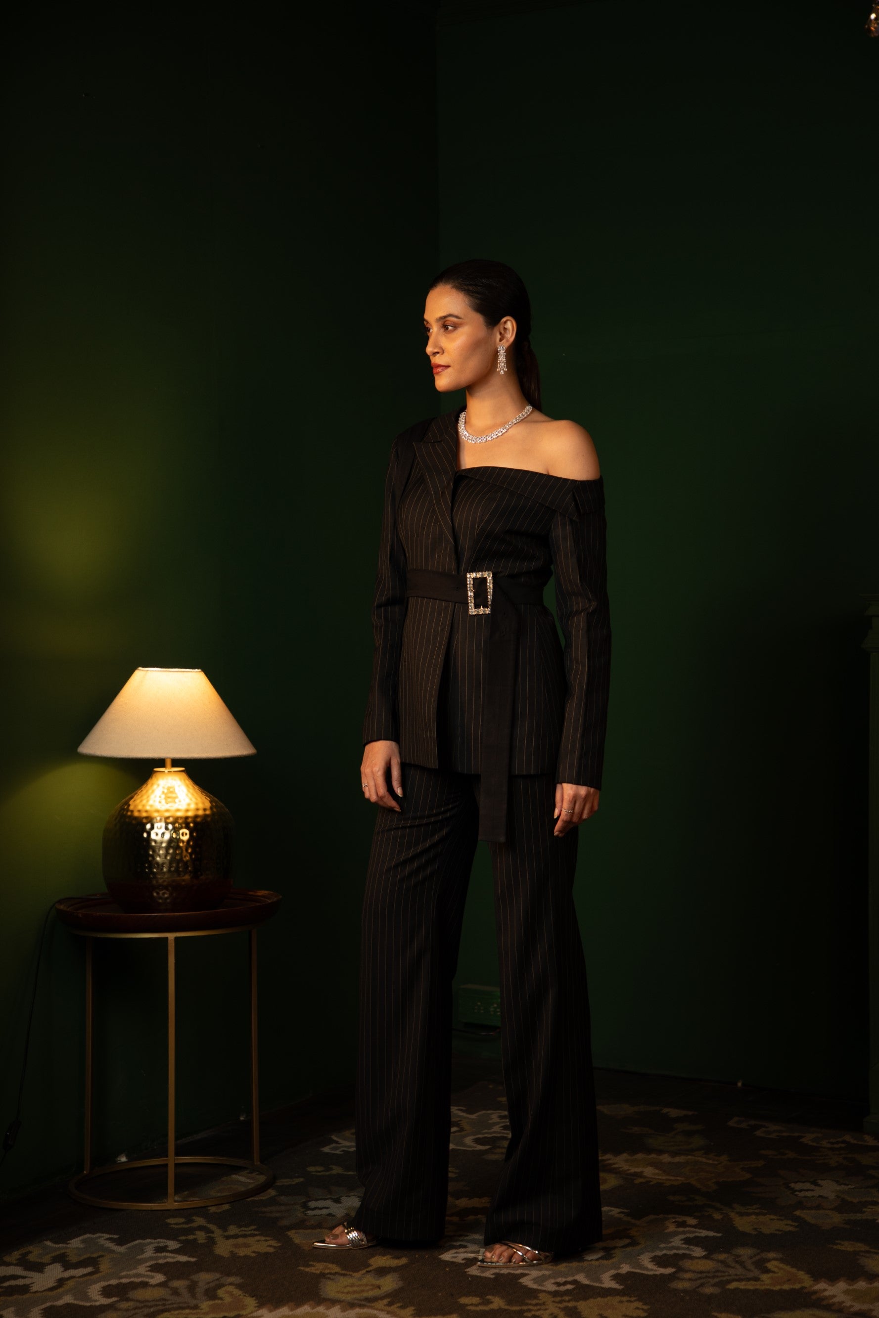 Double Breasted Off Shoulder Suit Ensemble in Midnight Noir with pinstripes