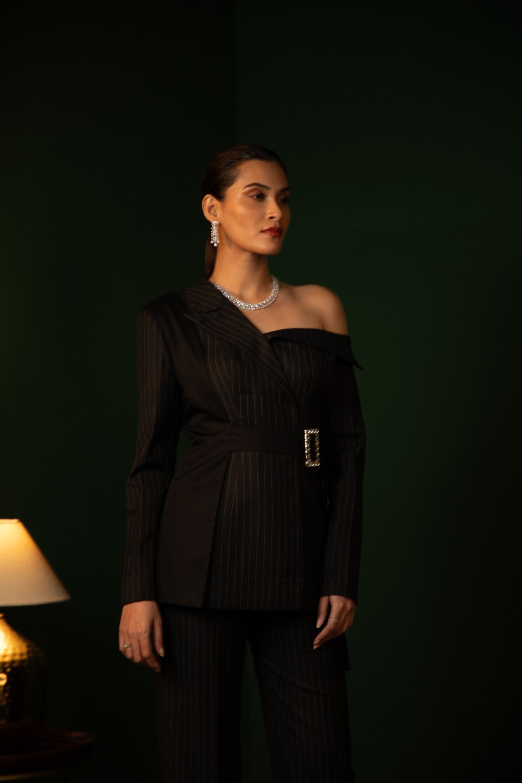 Shalmali Kholgade in Double Breasted Off Shoulder Suit Ensemble in Midnight Noir with pinstripes