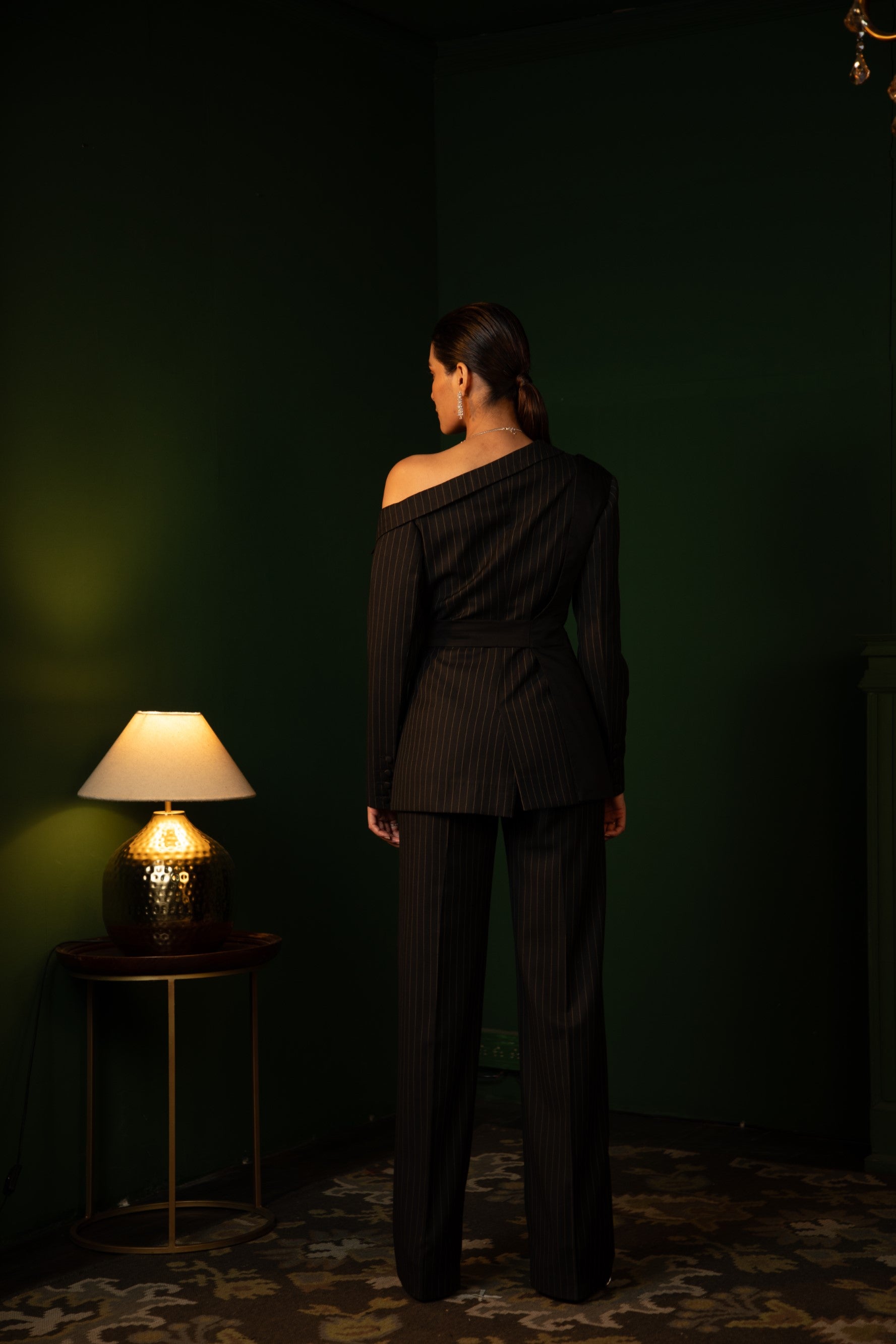 Shalmali Kholgade in Double Breasted Off Shoulder Suit Ensemble in Midnight Noir with pinstripes