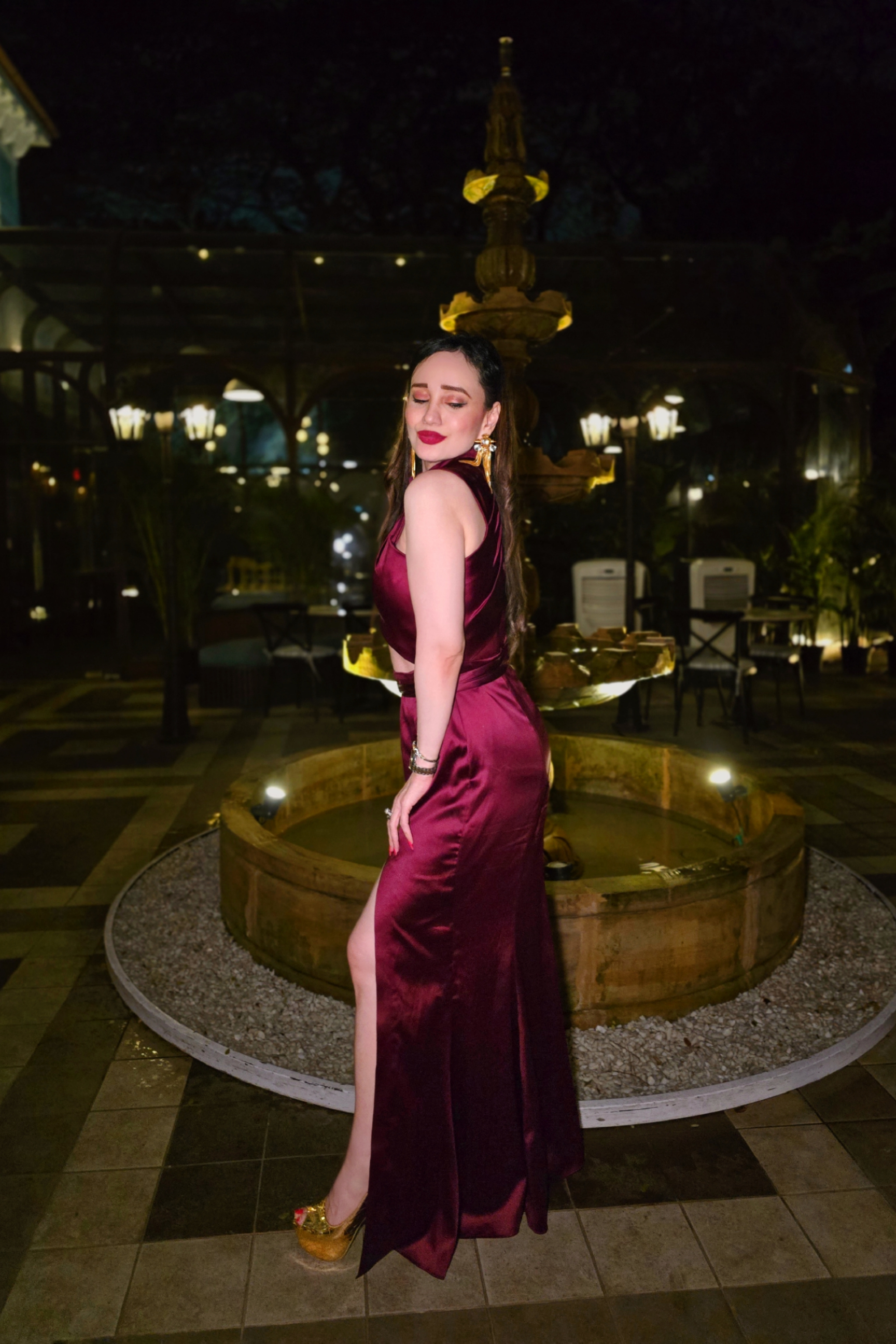 Stephanie Timmins in Dione Gown in Deep Rosewood