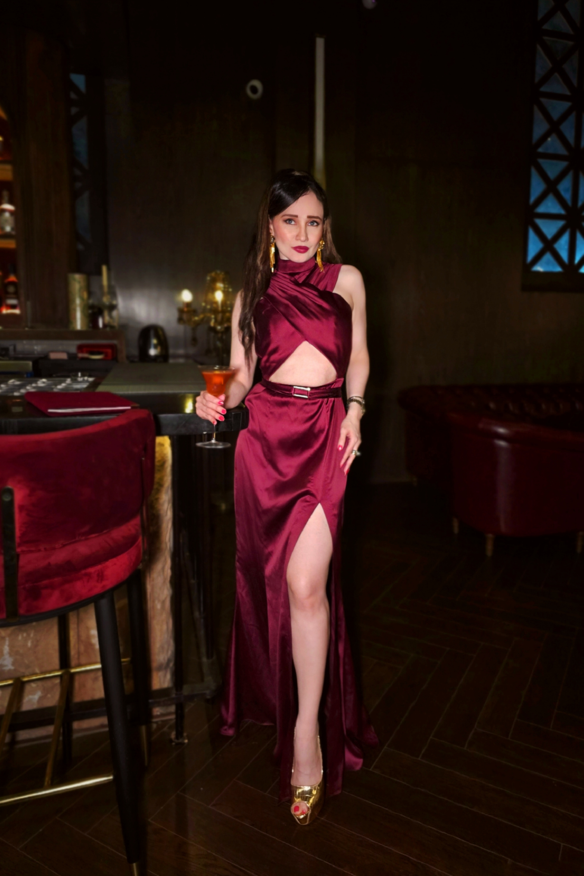 Stephanie Timmins in Dione Gown in Deep Rosewood