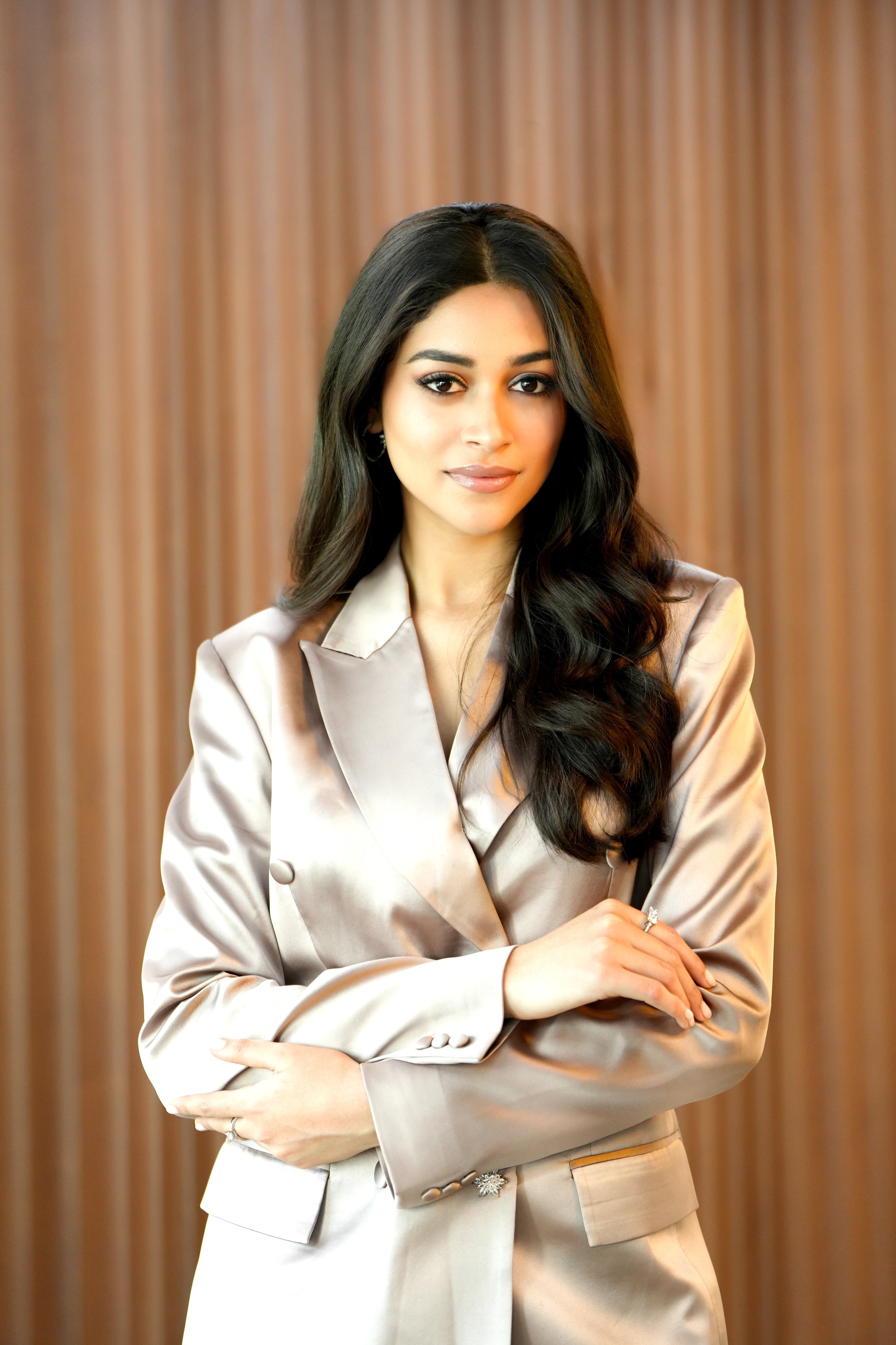 Nandini Gupta in Double Breasted Liquid Sculpted Suit Ensemble in Dusty Rose