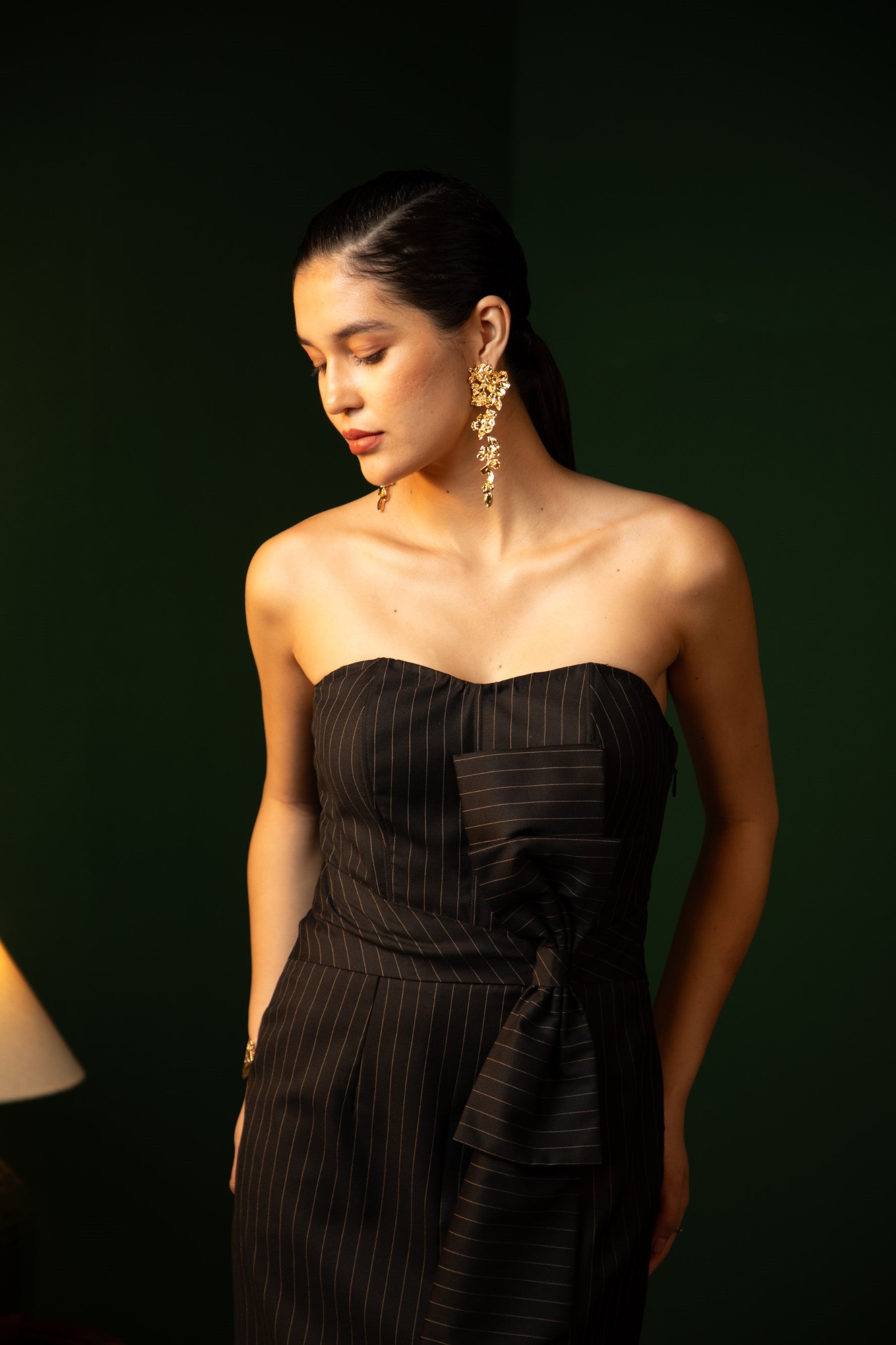 Strapless Sweetheart Dress  in Midnight Noir with pinstripes