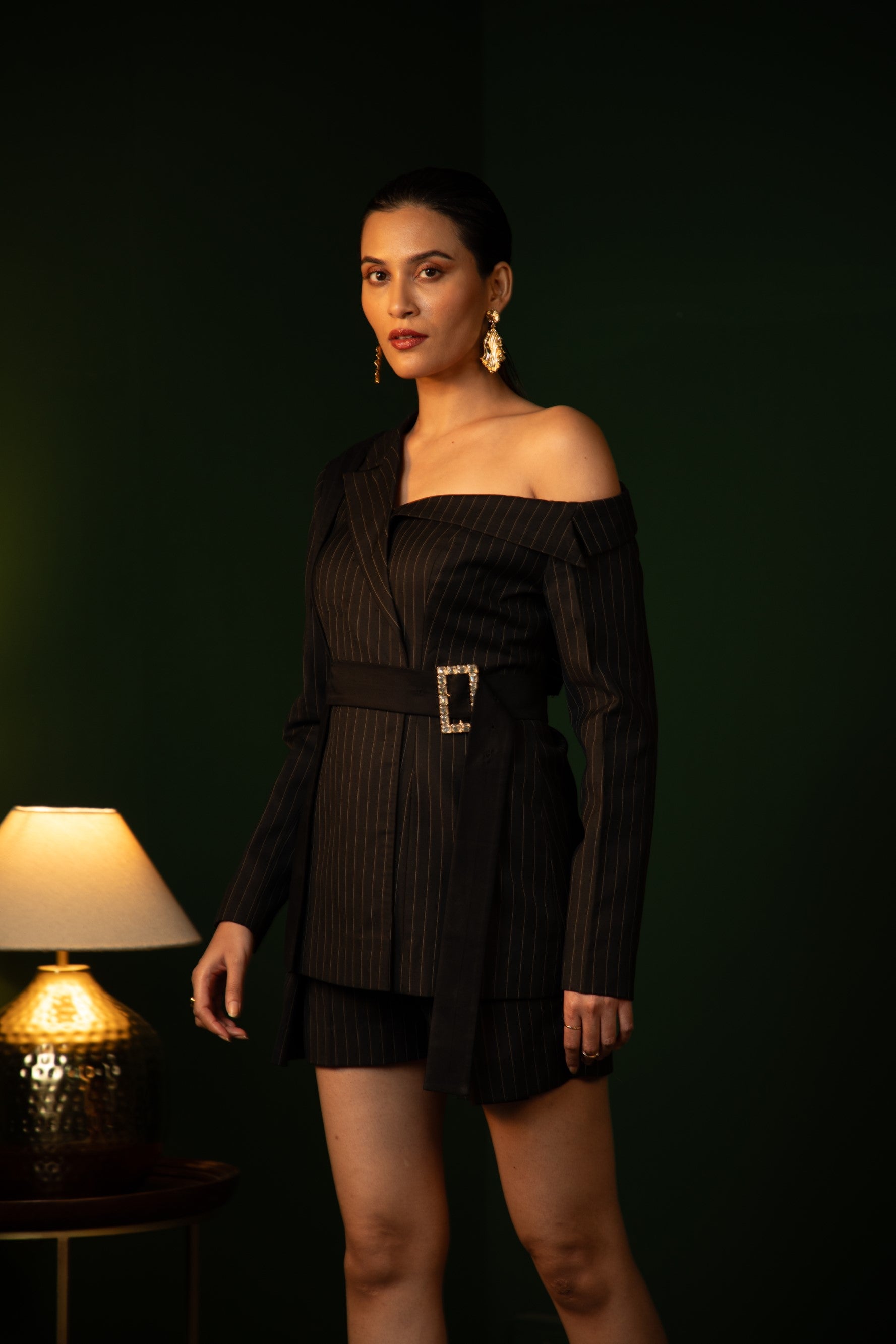 Double Breasted Off Shoulder Blazer with  Tailored Shorts in Midnight Noir with pinstripes