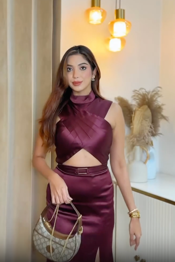 Bhavya Monga in Dione Gown in Deep Rosewood